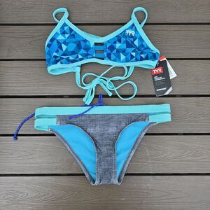 TYR Womens Teal/grey Optic Pacific Tieback Workout Bikini Sz S New